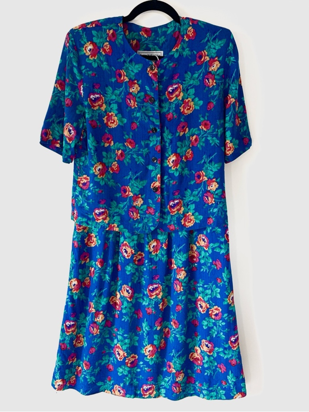 Vintage Blue Floral Two Piece Skirt Set